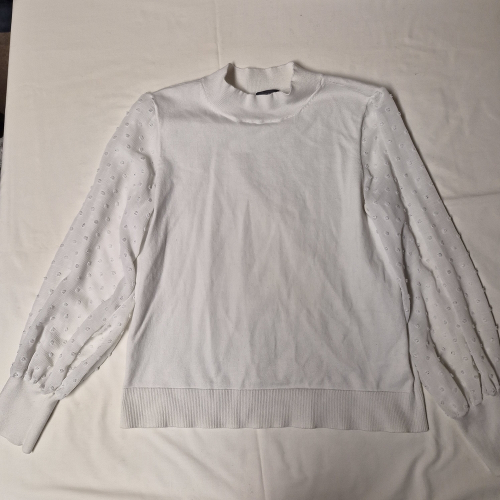 Vince Camuto White Mock Neck Sweater Swiss Dot Sheer Balloon Sleeve - Size M